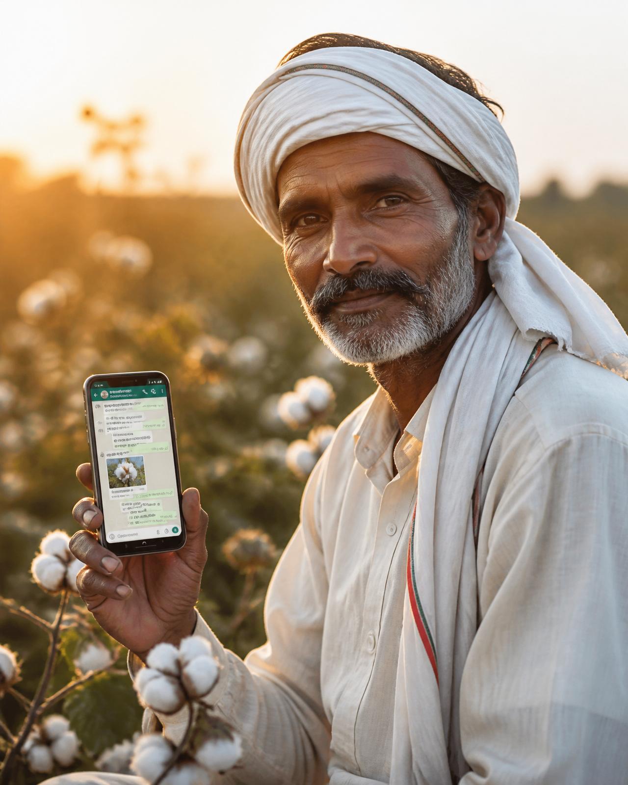 A farmer in a cotton field reviewing a WhatsApp conversation on a smartphone at golden hour