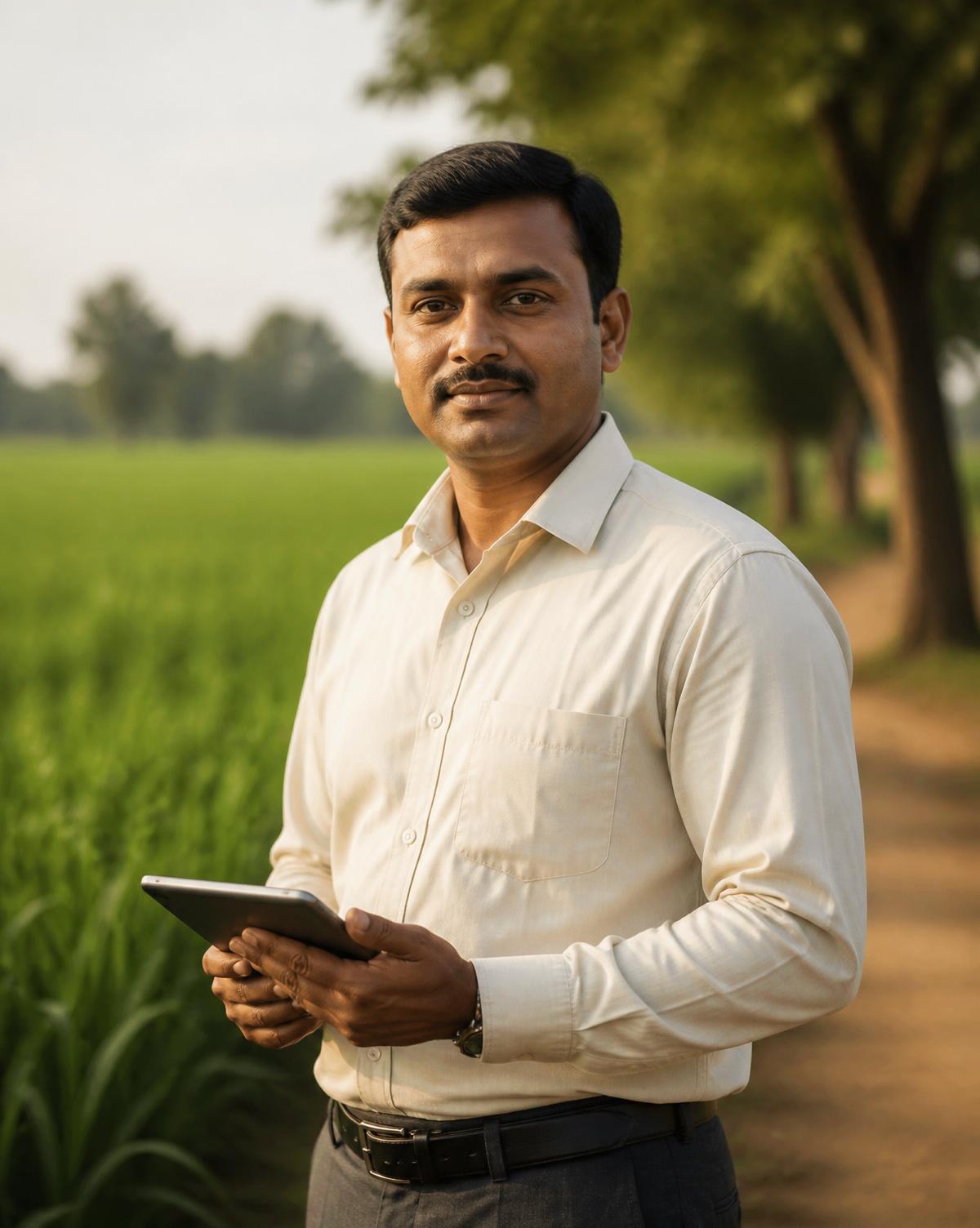An Indian agricultural field officer holding a tablet at the edge of a green field